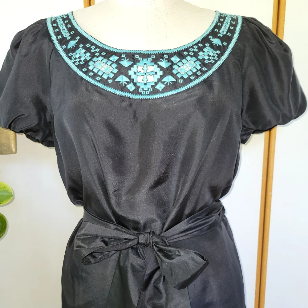 Tory Burch Lottie Black Silk Embroidered Belted Shift Dress 6